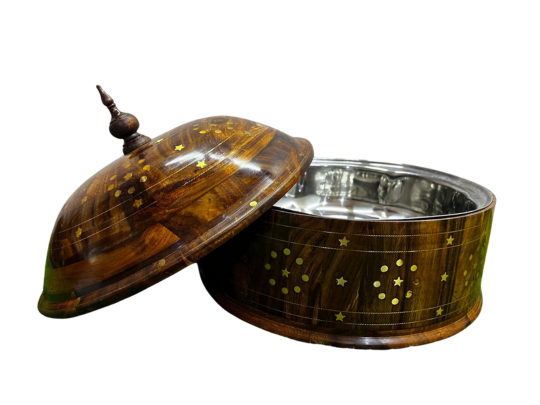 Hand-made wooden Hotpot With Brass & Carving Work  (HP04)